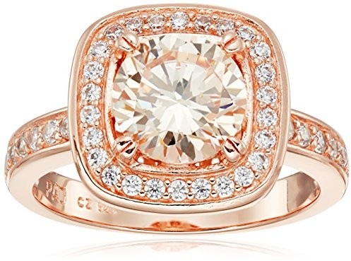 Rose Gold Plated Sterling Silver Round Champagne Cubic Zirconia 8mm and White Cubic Zirconia Cushion Halo Ring, Size 7 $12.33