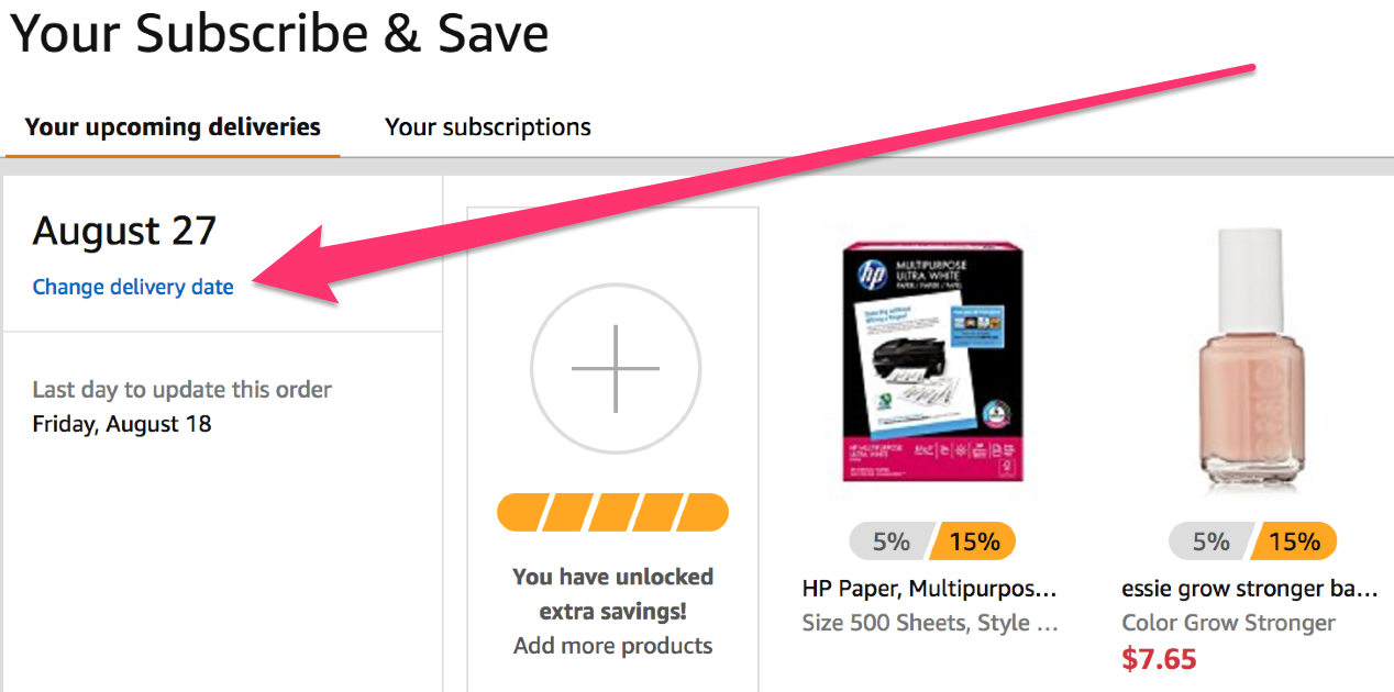 Image showing where to click on the Subscribe & Save page to change your delivery date