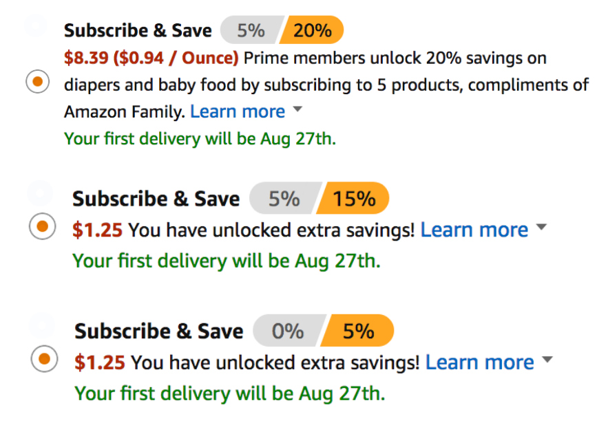 Examples of what the subscribe & save options on Amazon look like