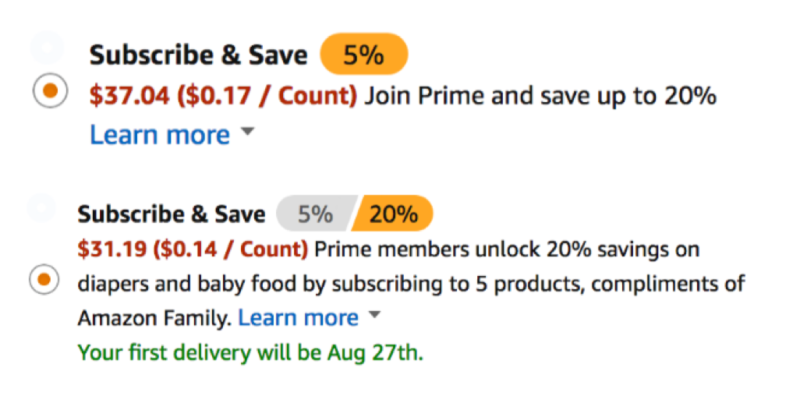 Image of example subscribe & save options showing a large amount of savings on baby items which were eligible for 20% off