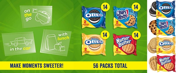 Purchase OREO Original, OREO Golden, CHIPS AHOY! & Nutter Butter Cookie Snacks Variety Pack, 56 Snack Packs (2 Cookies Per Pack) on Amazon.com