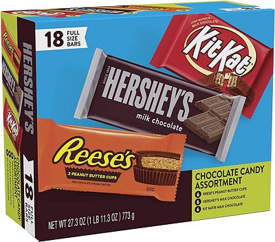 Purchase Hershey Candy Bar Assorted Variety Box (HERSHEY'S Milk Chocolate, KIT KAT, REESE'S Cups), Full Size, 18 Count at Amazon.com