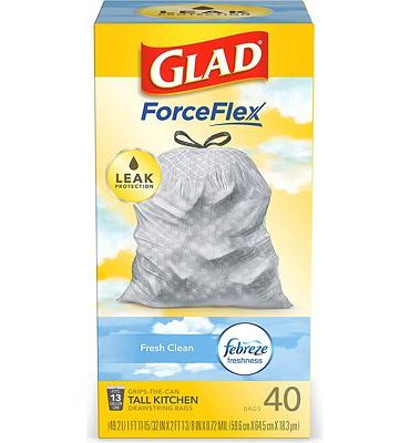 Purchase Glad ForceFlex Tall Kitchen Drawstring Trash Bags, Fresh Clean, 13 Gal, 40 Ct at Amazon.com