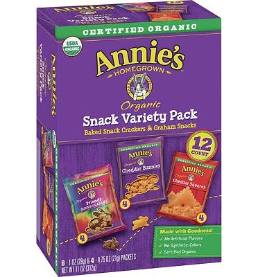 Purchase Annie's Variety Snack Pack, Cheddar Bunnies/Friends Bunny Grahams/Cheddar Squares, Baked Snack Crackers, 12-Count, 11 oz at Amazon.com