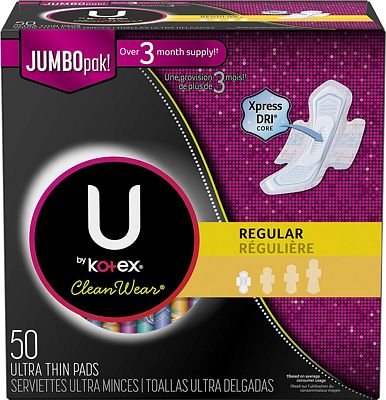 Purchase U by Kotex CleanWear Ultra Thin Pads with Wings, Regular, Fragrance-Free, 50 Count at Amazon.com