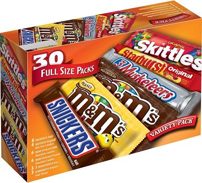 Purchase M&M'S, SNICKERS, 3 MUSKETEERS, SKITTLES & STARBURST Full Size Chocolate Candy Variety Mix 56.11-Ounce 30-Count Box at Amazon.com