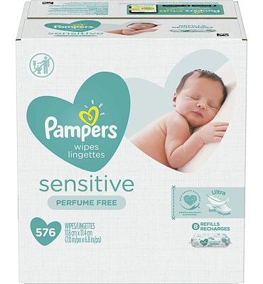 Purchase Pampers Sensitive Water-Based Baby Diaper Wipes, 9 Refill Packs for Dispenser Tub - Hypoallergenic and Unscented - 576 Count at Amazon.com