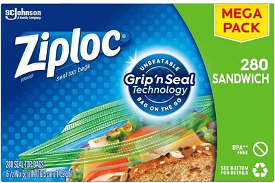 Purchase Ziploc Sandwich Bags, 280 ct, MEGA Pack at Amazon.com