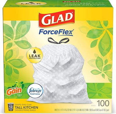 Purchase Glad Tall Kitchen Drawstring Trash Bags - OdorShield 13 Gallon White Trash Bag, Gain Original with Febreze Freshness - 100 Count at Amazon.com