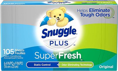 Purchase Snuggle Plus Super Fresh Fabric Softener Dryer Sheets with Static Control and Odor Eliminating Technology, 105 Count at Amazon.com
