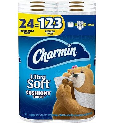 Purchase Charmin Ultra Soft Cushiony Touch Toilet Paper, 24 Family Mega Rolls (Equal to 123 Regular Rolls) at Amazon.com