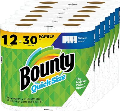 Purchase Bounty Quick-Size Paper Towels, White, Family Rolls, 12 Count (Equal to 30 Regular Rolls) at Amazon.com