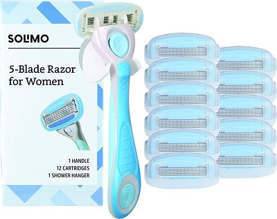 Purchase Amazon Brand - Solimo 5-Blade Razor for Women, Handle, 12 Cartridges & Shower Hanger (Cartridges fit Solimo Razor Handles only) at Amazon.com