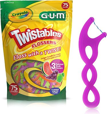 Purchase GUM Crayola Twistables Flossers, Fluoride Coated, Twisted Fruit Flavors, Ages 3+, 75 Count at Amazon.com