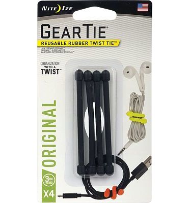 Purchase Nite Ize Original Gear Tie, Reusable Rubber Twist Tie, 3-Inch, Black, 4 Pack, Made in The USA at Amazon.com