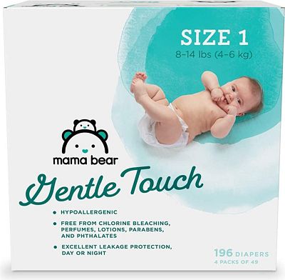 Purchase Amazon Brand - Mama Bear Gentle Touch Diapers, Hypoallergenic, Size 1, 196 Count (4 packs of 49) at Amazon.com