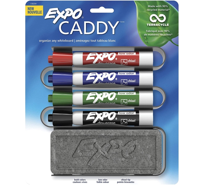Purchase EXPO Low-Odor Dry Erase Set, Chisel Tip, Assorted Colors, 5-Piece with Marker Caddy at Amazon.com
