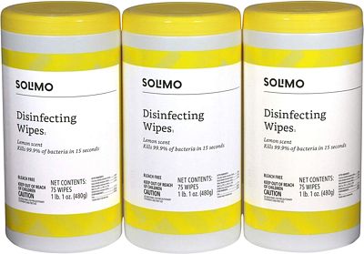 Purchase Amazon Brand - Solimo Disinfecting Wipes, Lemon Scent, Sanitizes/Cleans/Disinfects/Deodorizes, 75 Count (Pack of 3) at Amazon.com