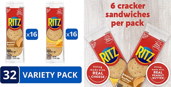 Purchase RITZ Peanut Butter Sandwich Cracker Snacks and Cheese Sandwich Crackers, Snack Crackers Variety Pack, 32 Snack Packs on Amazon.com