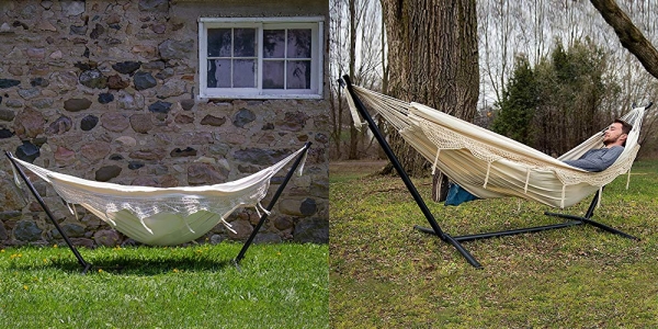 Purchase Vivere Double Hammock with Space Saving Steel Stand, Natural (450 lb Capacity - Premium Carry Bag Included) on Amazon.com