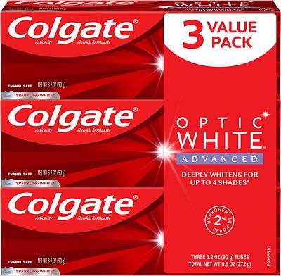 Purchase Colgate Optic White Advanced Teeth Whitening Toothpaste with Fluoride, 2% Hydrogen Peroxide, Sparkling White - 3.2 Ounce (3 Pack) at Amazon.com