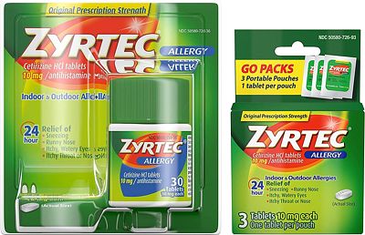 Purchase Zyrtec 24 Hour Allergy Relief Tablets, Antihistamine Allergy Medicine with 10 mg Cetirizine HCI, Bundle with 1 x 30 ct and 1 x 3 ct Travel Pack at Amazon.com