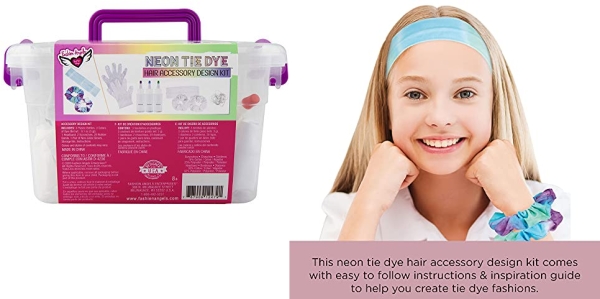 Purchase Fashion Angels Tie Dye Kit - Neon Tie Dye Hair Accessories Kit, Non Toxic Dyes, Complete Set with Scrunchies, Headband, Gloves, Elastic Bands, and Storage Bin on Amazon.com