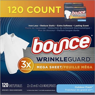 Purchase Bounce WrinkleGuard Mega Dryer Sheets, Fabric Softener and Wrinkle Releaser Sheets, Outdoor Fresh Scent, 120 count at Amazon.com