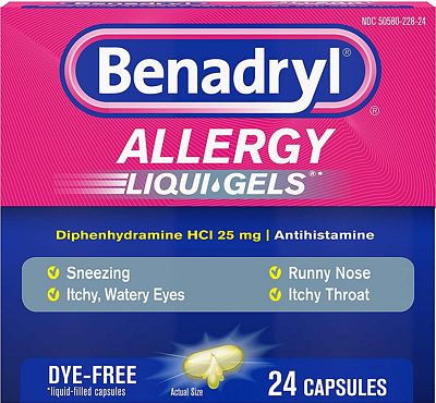Purchase Benadryl Liqui-Gels Antihistamine Allergy Medicine & Cold Relief, Dye Free, 24 ct at Amazon.com
