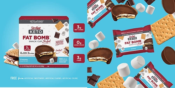 Purchase SlimFast Keto Fat Bomb Stuffed Snack Cup, S'Mores, Keto Snacks for Weight Loss, Low Carb with 0g Added Sugar, 12 Count Box on Amazon.com
