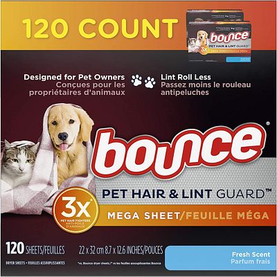 Purchase Bounce Pet Hair and Lint Guard Mega Dryer Sheets for Laundry, Fabric Softener with 3X Pet Hair Fighters, Fresh Scent, 120 Count, White at Amazon.com