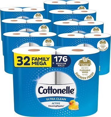 Purchase Cottonelle Ultra Clean Toilet Paper with Active CleaningRipples Texture, Strong Bath Tissue, 32 Family Mega Rolls (32 Family Mega Rolls = 176 Regular Rolls) (8 Packs of 4 Rolls) 388 Sheets per Roll at Amazon.com