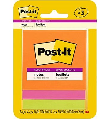 Purchase Post-it Super Sticky Notes, 3x3 in, 3 Pads, 2x the Sticking Power, Bright Colors (Orange, Pink, Green), Recyclable at Amazon.com