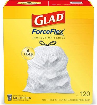 Purchase Glad ForceFlex Tall Kitchen Drawstring Trash Bags, 13 Gallon, Unscented, 120 Count at Amazon.com