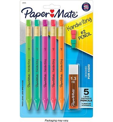 Purchase Paper Mate Handwriting Triangular Mechanical Pencil Set with Lead & Eraser Refills, 1.3 mm, Pencils for Kids in Fun Barrel Colors, 5 Count at Amazon.com