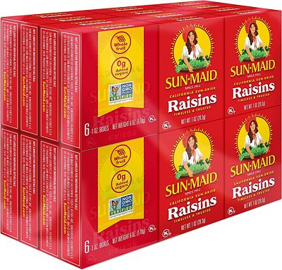 Purchase Sun-Maid California Raisins Snack, 1 Ounce Boxes, Bundle of 24 packs with 6 Boxes Each at Amazon.com