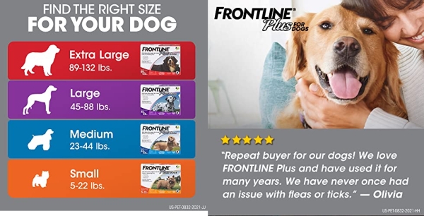 Purchase Frontline Plus Flea and Tick Treatment for Dogs (Large Dog, 45-88 Pounds, 3 Doses) on Amazon.com