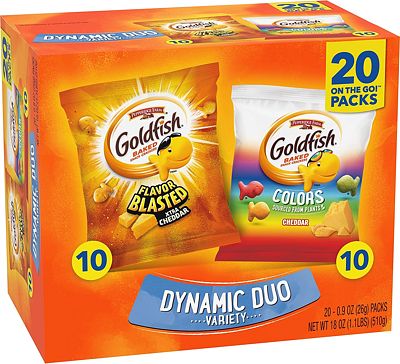 Purchase Goldfish Dynamic Duo Colors Crackers, Cheddar And Flavor Blasted Xtra Cheddar Snack Pack, 0.9 Oz, 20-Ct Variety Pack Box at Amazon.com