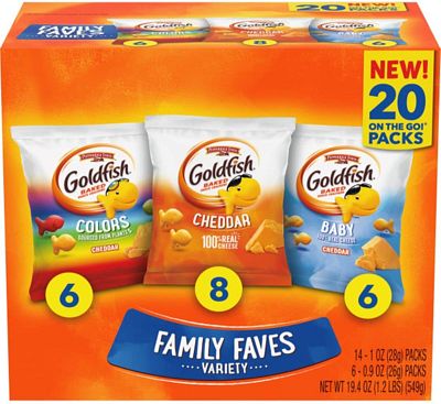 Purchase Goldfish Family Faves Crackers, Cheddar, Colors and Baby Crackers Snack Packs, 20-Count Variety Pack at Amazon.com
