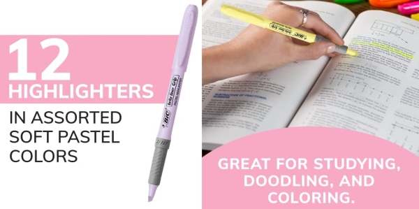 Purchase BIC Brite Liner Grip Pastel Highlighter Set, Chisel Tip, 12-Count Pack of Pastel Highlighters on Amazon.com