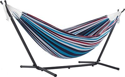 Purchase Vivere Double Cotton Hammock with Space Saving Steel Stand, Denim (450 lb Capacity - Premium Carry Bag Included), Denim with Charcoal Frame at Amazon.com