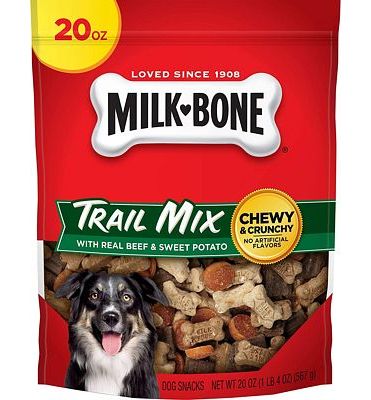 Purchase Milk-Bone Trail Mix Chewy & Crunchy Dog Treats, Real Beef & Sweet Potato, 20 Ounce at Amazon.com