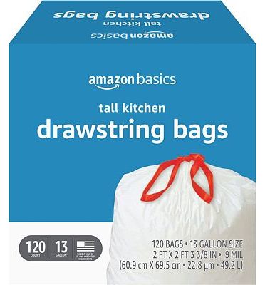 Purchase Amazon Basics Tall Kitchen Drawstring Trash Bags, 13 Gallon, 120 Count at Amazon.com