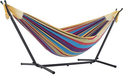 Purchase Vivere Double Cotton Hammock with Space Saving Steel Stand, Tropical (450 lb Capacity - Premium Carry Bag Included) at Amazon.com