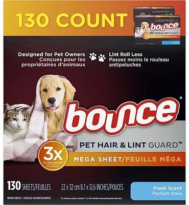 Purchase Bounce Pet Hair and Lint Guard Mega Dryer Sheets with 3X Pet Hair Fighters, Fresh Scent, 130 Count at Amazon.com