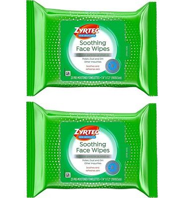 Purchase Zyrtec Soothing Face Wipes, Refreshing Non-Medicated Facial Towelettes with Micellar Water to Remove Particles as Small as Dust, Pollen & Dirt, Alcohol- & Oil-Free, 2 x 25 ct at Amazon.com