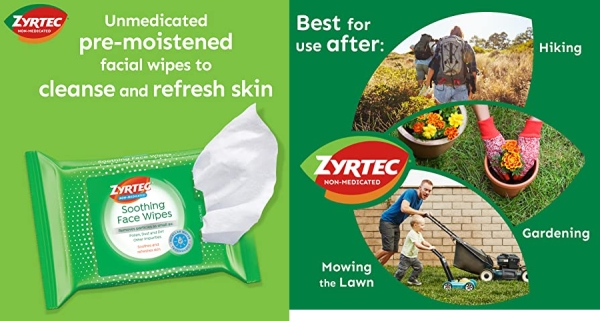 Purchase Zyrtec Soothing Face Wipes, Refreshing Non-Medicated Facial Towelettes with Micellar Water to Remove Particles as Small as Dust, Pollen & Dirt, Alcohol- & Oil-Free, 2 x 25 ct on Amazon.com