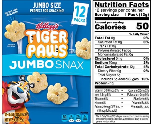 Purchase Kellogg's Tiger Paws Jumbo Snax Cereal Snacks, Kellogg's Frosted Flakes Inspired, Kids Snacks, Original (4 Boxes, 48 Pouches) on Amazon.com