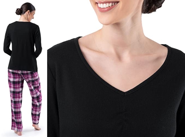 Purchase Fruit of the Loom Women's Waffle V-Neck Top and Flannel Pant Sleep Set on Amazon.com