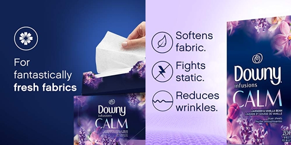 Purchase Downy Infusions Dryer Sheets Laundry Fabric Softener, Calm Scent, Lavender & Vanilla Bean, 200 Count on Amazon.com